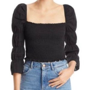 Black ruched top with puffed sleeves